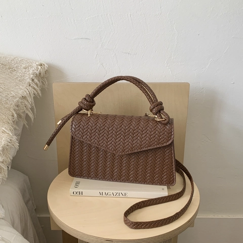 Women Woven PU Leather Shoulder Bag Retro Small Square Handbag With Knot Handle Fashion Crossbody Bag For Daily Use