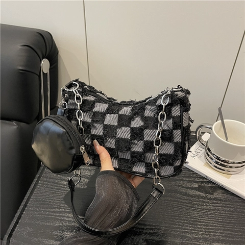 Borsa a Spalla in Denim Vintage per Donna Con Motivo a Stelle e Scacchi Catena di Metallo Borsa Sottobraccio Distressed e Mini Borsellino