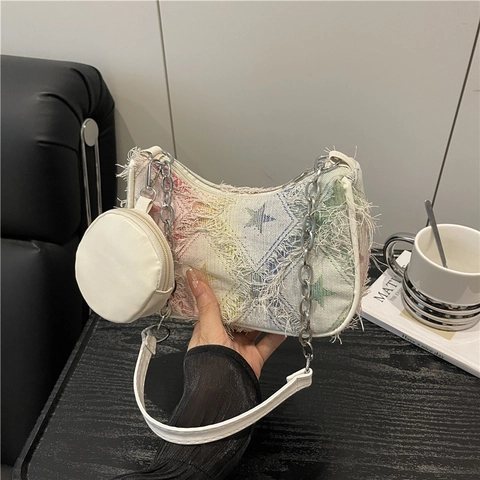 Trendy Denim Karomuster Stern Achseltasche Für Damen Vintage Abgenutzt Fransen Kette Umhängetasche Mit Runder Geldbörse