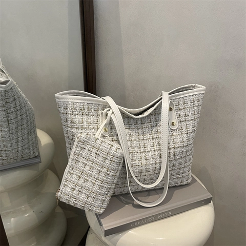 Tweed Tote Handbag And Small Pouch Elegant Woolen Weave Shoulder Bag For Women Fashion Large Capacity Rivet Decor