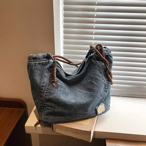 Washed Denim Shoulder Bag Large Capacity Retro Tote With Rope Strap Metal Decor Casual Handbag For Women
