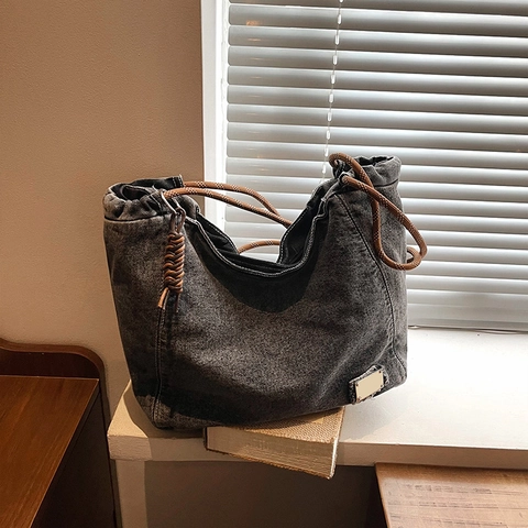 Washed Denim Shoulder Bag Large Capacity Retro Tote With Rope Strap Metal Decor Casual Handbag For Women