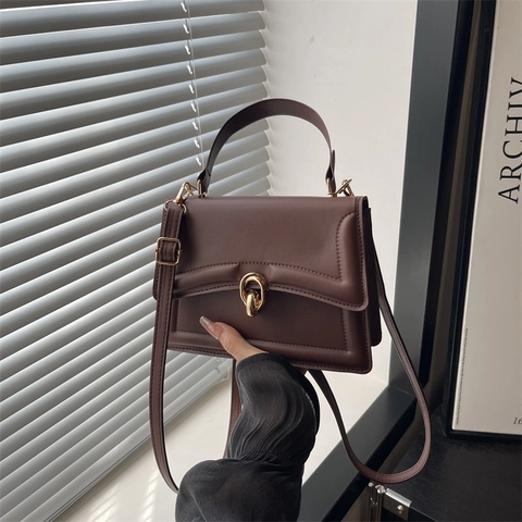 Bolso de Hombro de Cuero PU para Mujer Con Cierre de Metal Dorado Bolso de Mano Cuadrado Casual de Moda Para el Diario