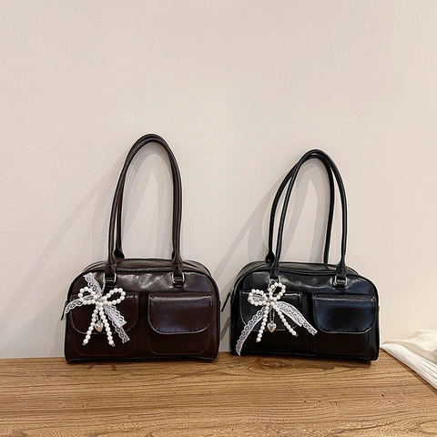 Retro Balletcore Shoulder Bag PU Leather Large Capacity Women Handbag With Bowknot Artificial Pearl Lace Charm Front Pockets