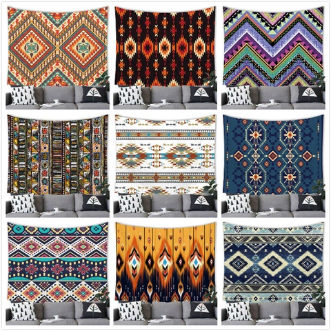 Bohemian Aztec Geometric Tapestry Polyester Wall Hanging Ethnic Tribal Art Decorative Fabric Blanket For Living Room Bedroom