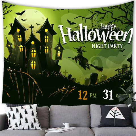 Arazzo di Halloween da Parete Poliestere Castello Spaventoso Zucca Strega Stampa Festa Decorazione Casa Sfondo Arte