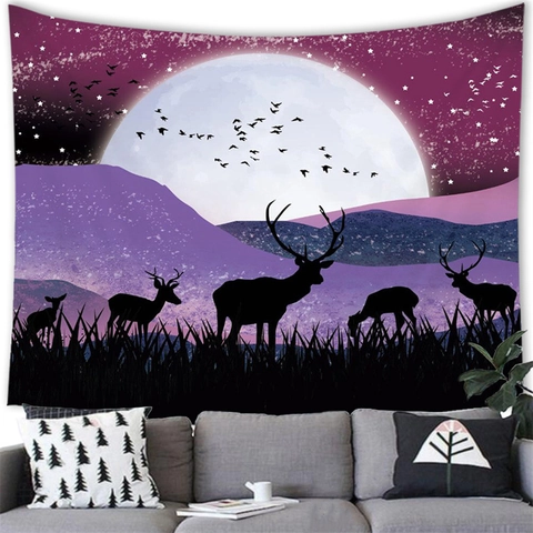 Modern Sacred Deer Forest Tapestry Wall Hanging Nordic Artistic Landscape Moon Polyester Fabric Wall Decor For Living Room Bedroom Dorm