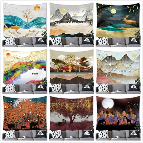 Modern Artistic Landscape Tapestry Polyester Wall Hanging Decor Deer Crane Elephant Pattern Aesthetic Backdrop For Living Room Bedroom Office