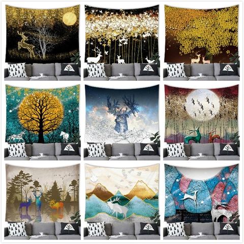 Modern Sacred Deer Forest Tapestry Wall Hanging Nordic Artistic Landscape Moon Polyester Fabric Wall Decor For Living Room Bedroom Dorm
