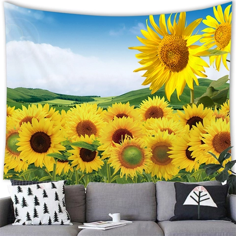 Watercolor Sunflower Tapestry Wall Hanging Polyester Fabric Floral Landscape Wall Decor For Living Room Bedroom Pastoral Style Home Art