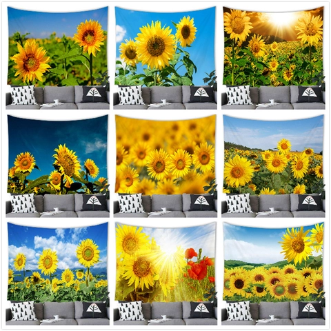 Watercolor Sunflower Tapestry Wall Hanging Polyester Fabric Floral Landscape Wall Decor For Living Room Bedroom Pastoral Style Home Art