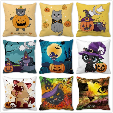 Federa per Cuscino Decorativa Halloween in Velluto Pelle di Pesca Motivo Gatto Nero Zucca Strega Per Divano Casa