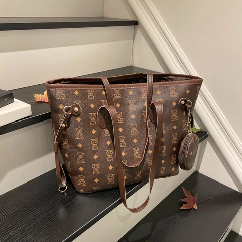 Borsa Tote da Donna Grande Capacità Stampa Orso Retro Borsa a Tracolla in Pelle PU Con Mini Portamonete Pendolare