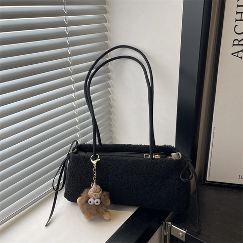 Women Winter Plush Underarm Bag With Bow Monster Pendant Soft Lamb Wool Texture Shoulder Tote Bag Casual Fashion Handbag