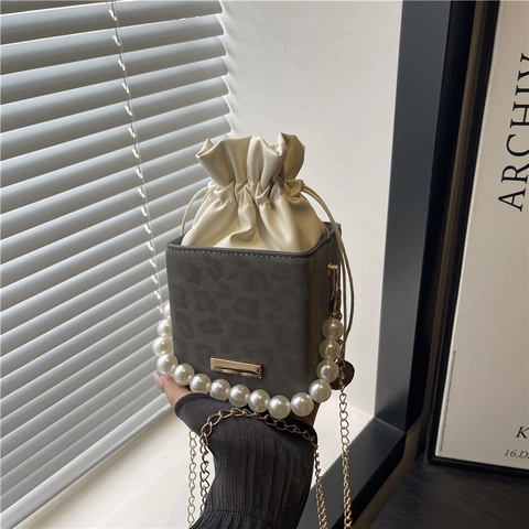 Women Drawstring Bucket Crossbody Bag PU Leather Leopard Print Artificial Pearl Handle Metal Chain Strap Chic Square Box Purse