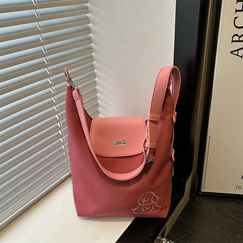 Women Casual Cartoon Puppy Canvas Tote Bag With Metal Bone Decoration Large Capacity Shoulder Bag Commuter Travel Handbag