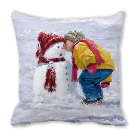 Merry Christmas Peach Skin Pillowcase Vintage Winter Oil Painting Cushion Cover Festive Snowman Reindeer Home Decor Case