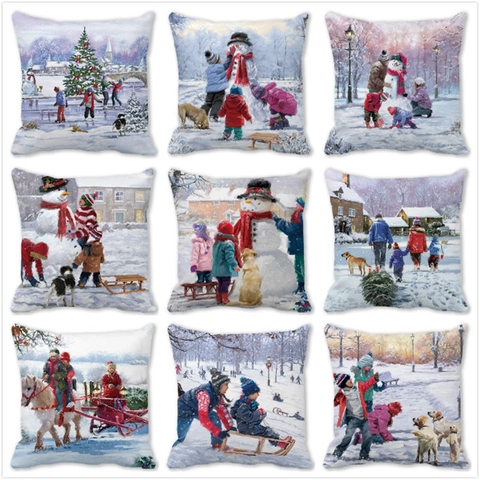 Merry Christmas Peach Skin Pillowcase Vintage Winter Oil Painting Cushion Cover Festive Snowman Reindeer Home Decor Case