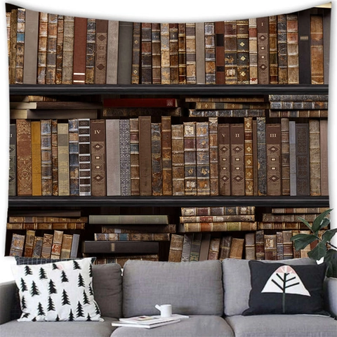 Vintage Library Bookshelf Tapestry Wall Hanging Retro Books Print Polyester Fabric Decor For Study Living Room