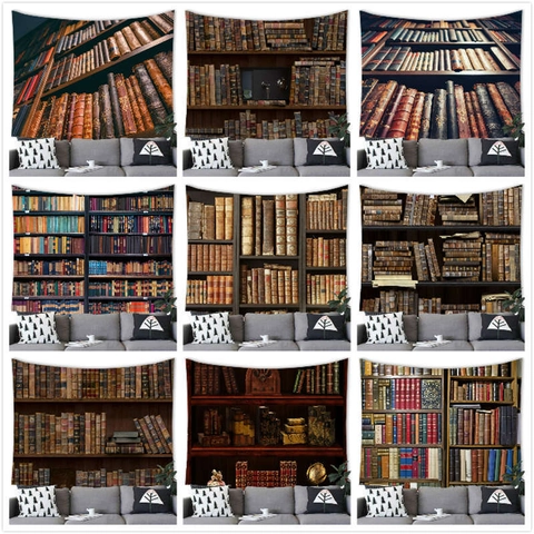 Vintage Library Bookshelf Tapestry Wall Hanging Retro Books Print Polyester Fabric Decor For Study Living Room