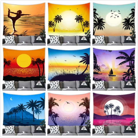 Tapiz De Playa Al Atardecer Colgante De Pared Poliéster Decorativo Para Sala De Estar Dormitorio Palmera Tropical Silueta