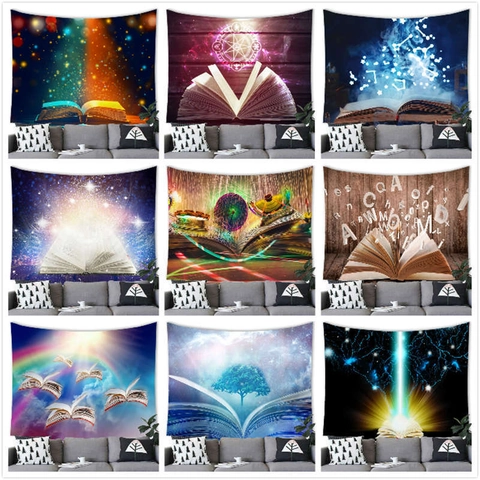 Tapisserie Livre Magique Fantastique Tentures Murales Polyester Impression 3D Galaxie Ciel Étoilé Forêt Mystique Pour Le Salon