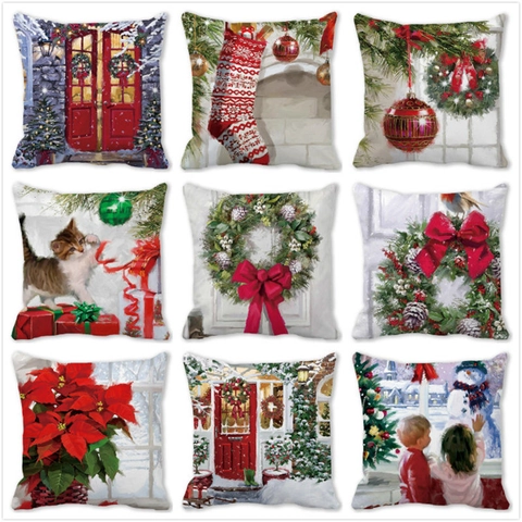 Christmas Peach Skin Velvet Cushion Cover Oil Painting Winter Snowman Santa Home Decor Sofa Decorative Pillow Case Square