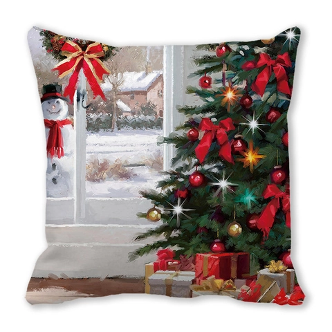 Christmas Peach Skin Velvet Cushion Cover Oil Painting Winter Snowman Santa Home Decor Sofa Decorative Pillow Case Square