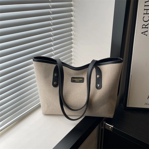 Borsa Tote in Tela da Donna a Grande Capacità Retro Minimalista Borsa a Tracolla Casual per Ufficio con Finiture in Pelle
