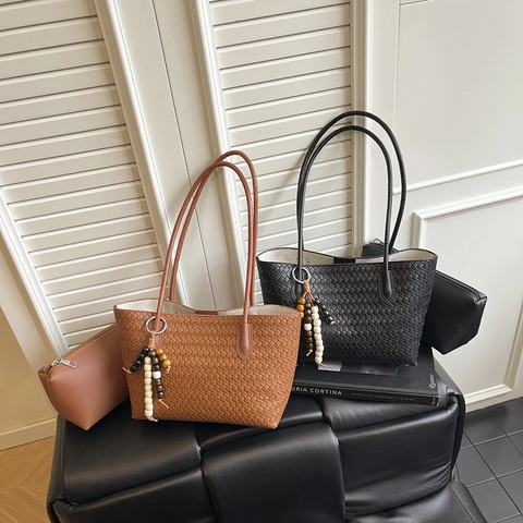 Damen Gewebte PU-Leder Tragetasche Und Kleine Tasche Mit Perlenanhänger Einfache Handtasche Schultertasche Für Das Tägliche Pendeln