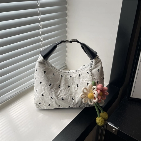 Women Pleated Bubble Texture Shoulder Bag Bow Pattern Knit Flower Pendant PU Leather Crossbody Underarm Bag Fashion Handbag