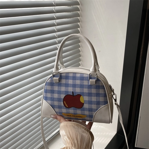 Borsa A Mano Gingham Stampa Mela Borsa A Tracolla Tessuto Pelle PU Patchwork Retro Dolce Casual Borsa