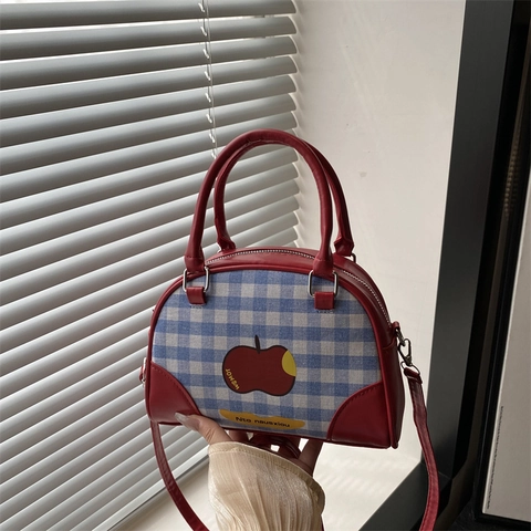 Borsa A Mano Gingham Stampa Mela Borsa A Tracolla Tessuto Pelle PU Patchwork Retro Dolce Casual Borsa