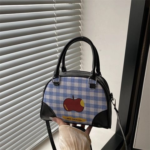 Damen Koreanischer Stil Süße Apfel Druck Karo Bowling Handtasche PU Leder Spleißen Casual Umhängetasche Klein