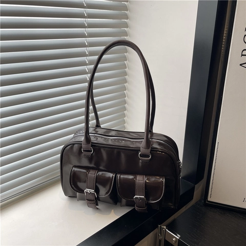 Women Vintage Boston Shoulder Bag Shiny PU Leather Front Buckle Pockets Retro Handbag Commuting Y2K Style