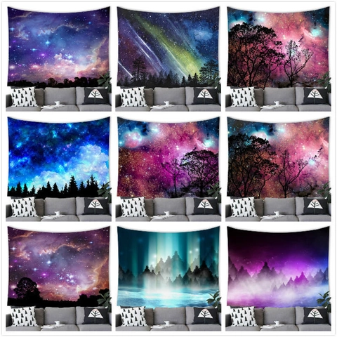 Galaxie Sternenhimmel Aurora Wald Silhouette Wandteppich Polyester Wandbehang Dekorative Wandkunst Für Wohnzimmer Schlafzimmer
