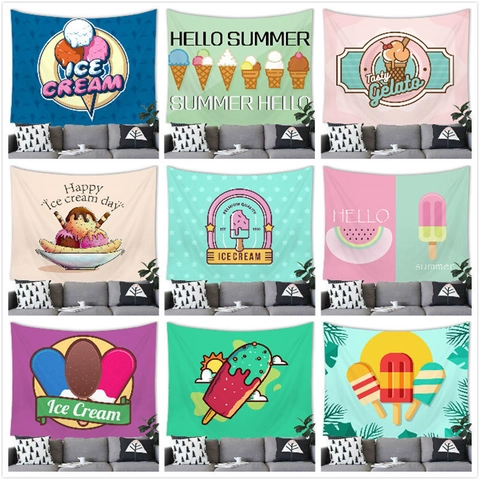 Watercolor Ice Cream Tapestry Wall Hanging Polyester Fabric Summer Theme Cartoon Wall Art Decor For Home Living Room Bedroom Decoration