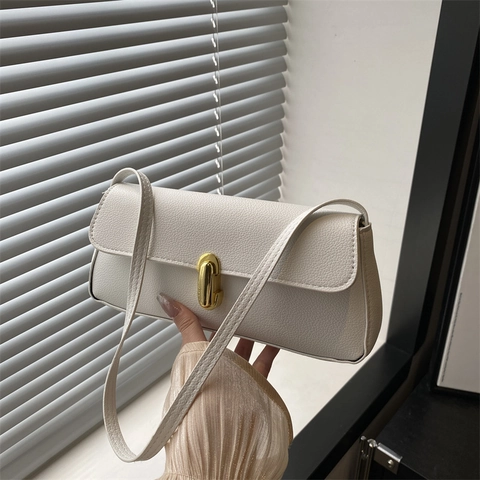 Women Underarm Baguette Bag Litchi Pattern PU Leather Gold Metal Lock Solid Color Retro Minimalist Shoulder Purse