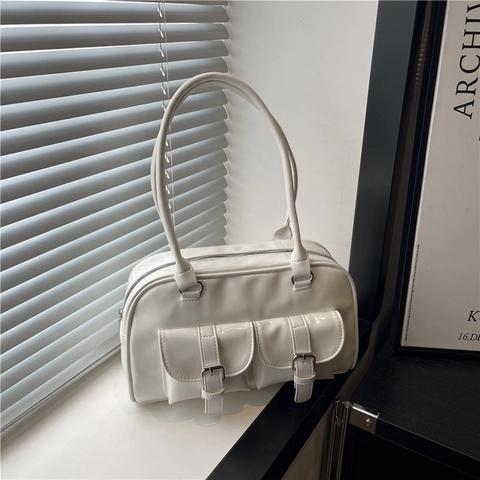 Women Vintage Boston Shoulder Bag Shiny PU Leather Front Buckle Pockets Retro Handbag Commuting Y2K Style
