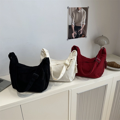 Damen Große Kapazität Cordsamt Dumpling Bag Minimalistisch Hobo Schultertasche Mit Verstellbarem Riemen Umhängetasche