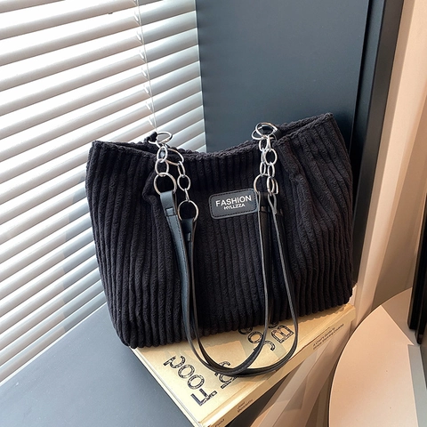 Large Capacity Corduroy Tote Bag For Women Vintage Shoulder Bag With Chain Strap Retro Casual Travel Commute Handbag