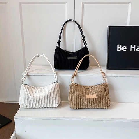 Vintage Corduroy Underarm Bag For Women Minimalist Solid Color Shoulder Bag With Zip Closure Casual Streetwear Fashion Handbag