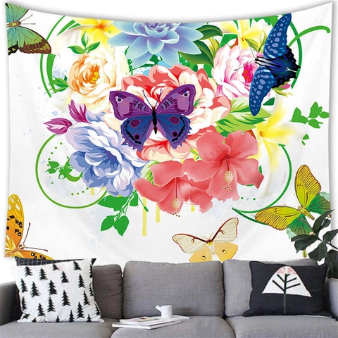 Tapiz De Pared Mariposa Flor Poliéster Impresión 3D Arte Acuarela Fondo Decorativo Para Sala De Estar Dormitorio