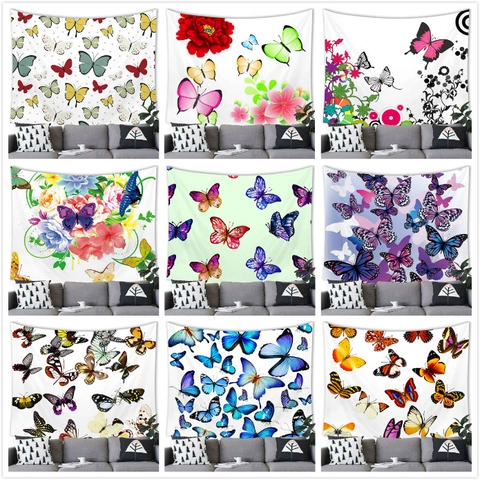 Tapiz De Pared Mariposa Flor Poliéster Impresión 3D Arte Acuarela Fondo Decorativo Para Sala De Estar Dormitorio