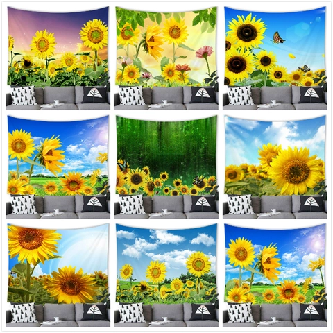Sonnenblumen Wandteppich Wandbehang Pastoral Aquarell Blumen Landschaft Hintergrundtuch Für Wohnzimmer Schlafzimmer Deko