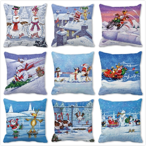 Vrolijk Kerstfeest Perzikhuid Kussenhoes Kerstman Rendier Sneeuwpop Cartoon Print Feestelijke Kussensloop Voor Huisdecoratie