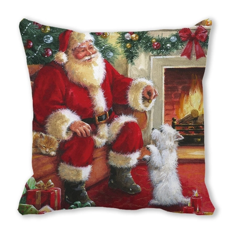 Merry Christmas Santa Claus Oil Painting Peach Skin Throw Pillow Cover Artistic Festive Decor Square Cushion Case No Insert