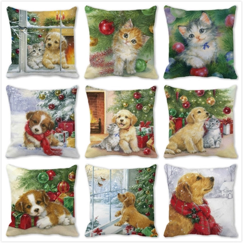 Christmas Cushion Cover Peach Skin Polyester Cute Cat Dog Pattern Square Decorative Pillowcase Sofa Home Holiday Decor