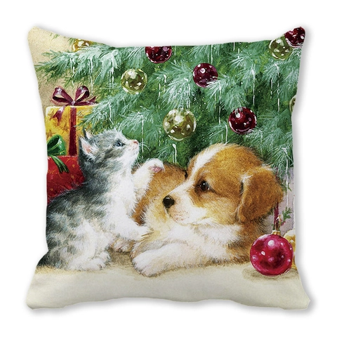 Christmas Cushion Cover Peach Skin Polyester Cute Cat Dog Pattern Square Decorative Pillowcase Sofa Home Holiday Decor