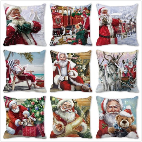 Merry Christmas Santa Claus Oil Painting Peach Skin Throw Pillow Cover Artistic Festive Decor Square Cushion Case No Insert